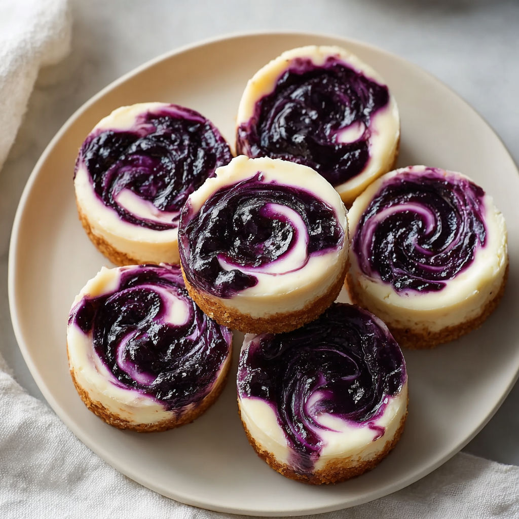 A plate of mini zitronen-blaubeer-cheesecakes.