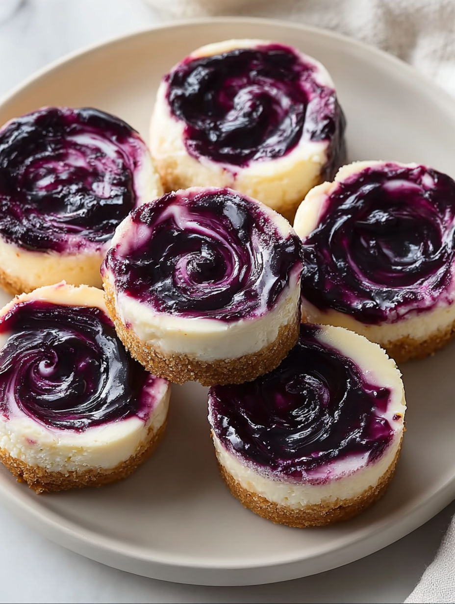 Mini zitronen-blaubeer-cheesecakes on a plate.