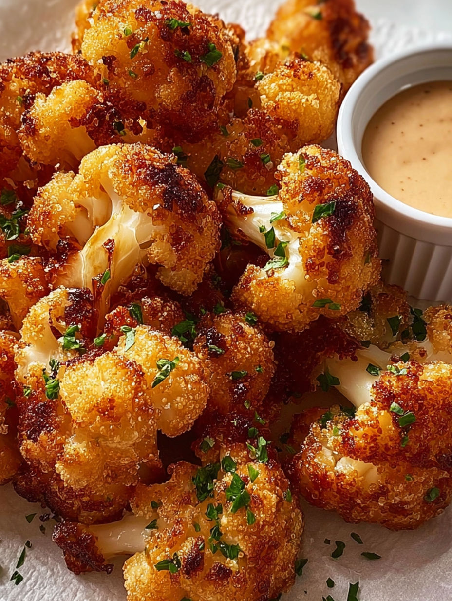 A close up of a delicious looking piece of fried cauliflower.