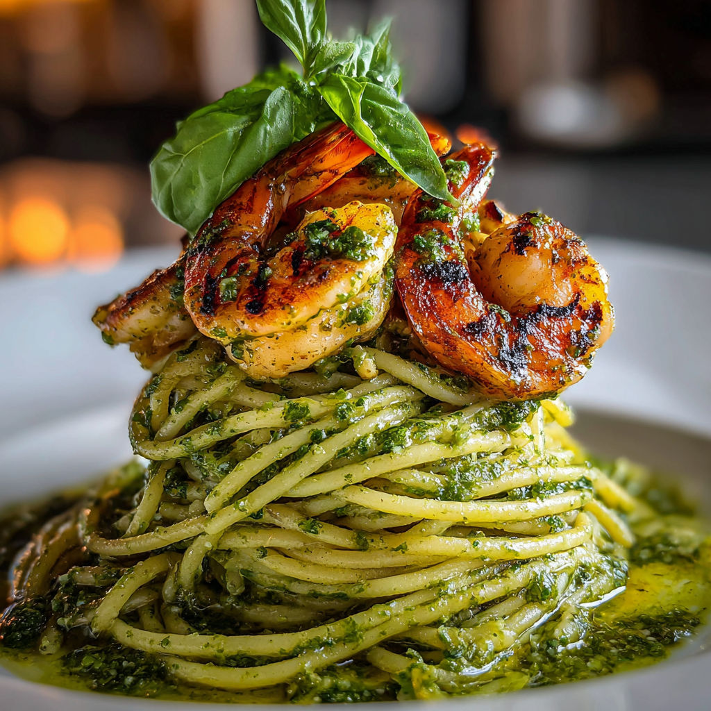 A plate of spaghetti with shrimp and pesto sauce.