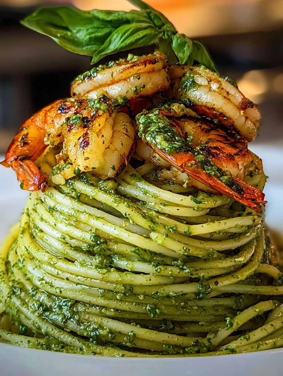 A dish of spaghetti with shrimp and pesto sauce.