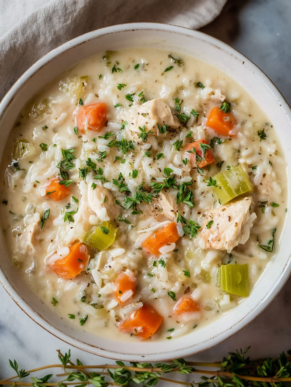 A bowl of creamy chicken and rice soup.
