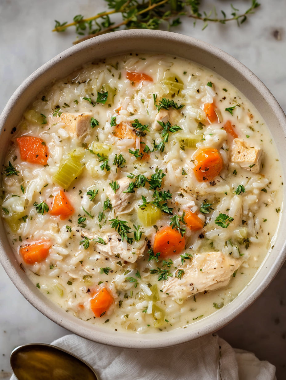 A bowl of creamy chicken and rice soup.