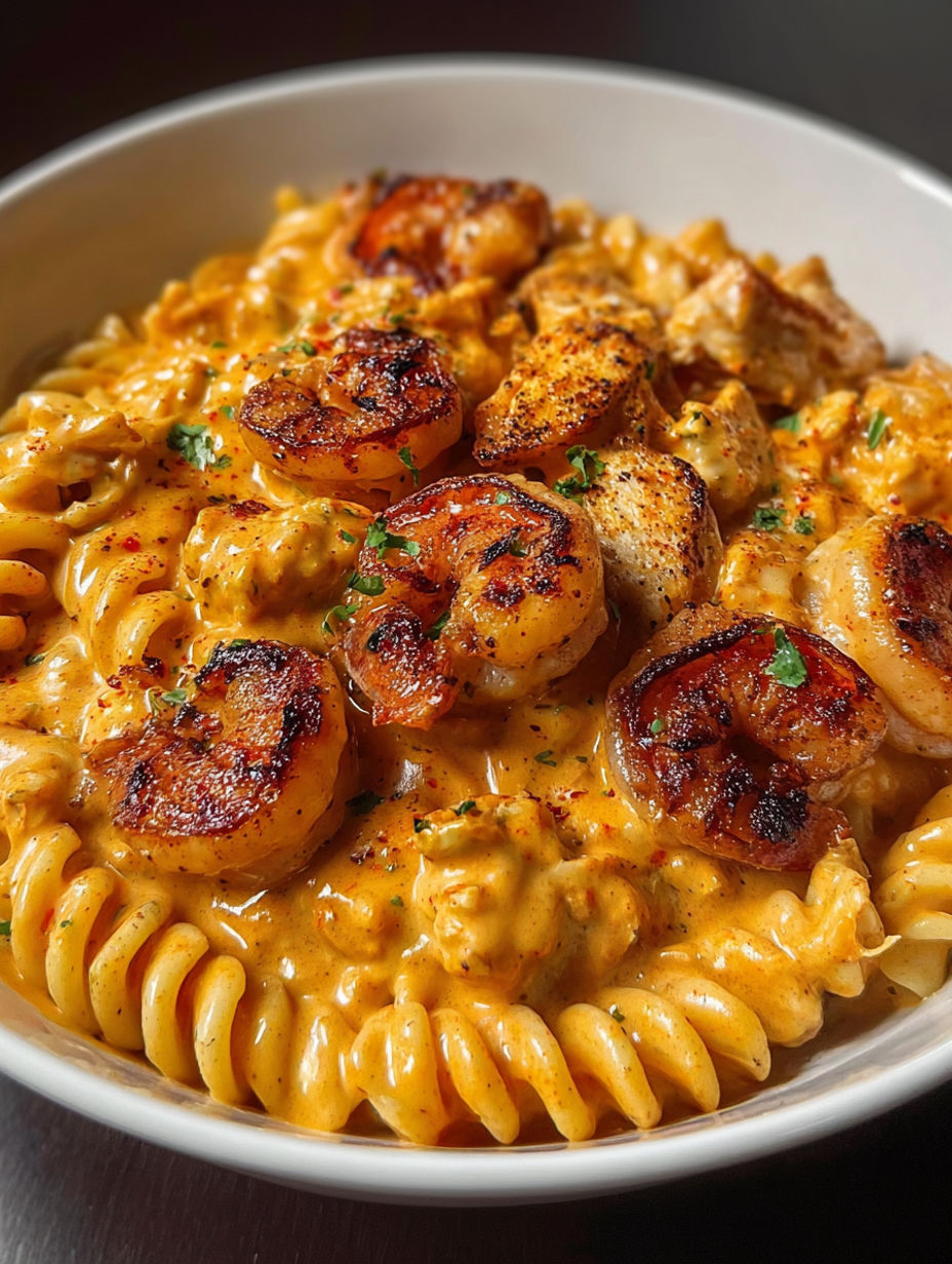 A bowl of creamy cajun pasta with shrimp and herbs.