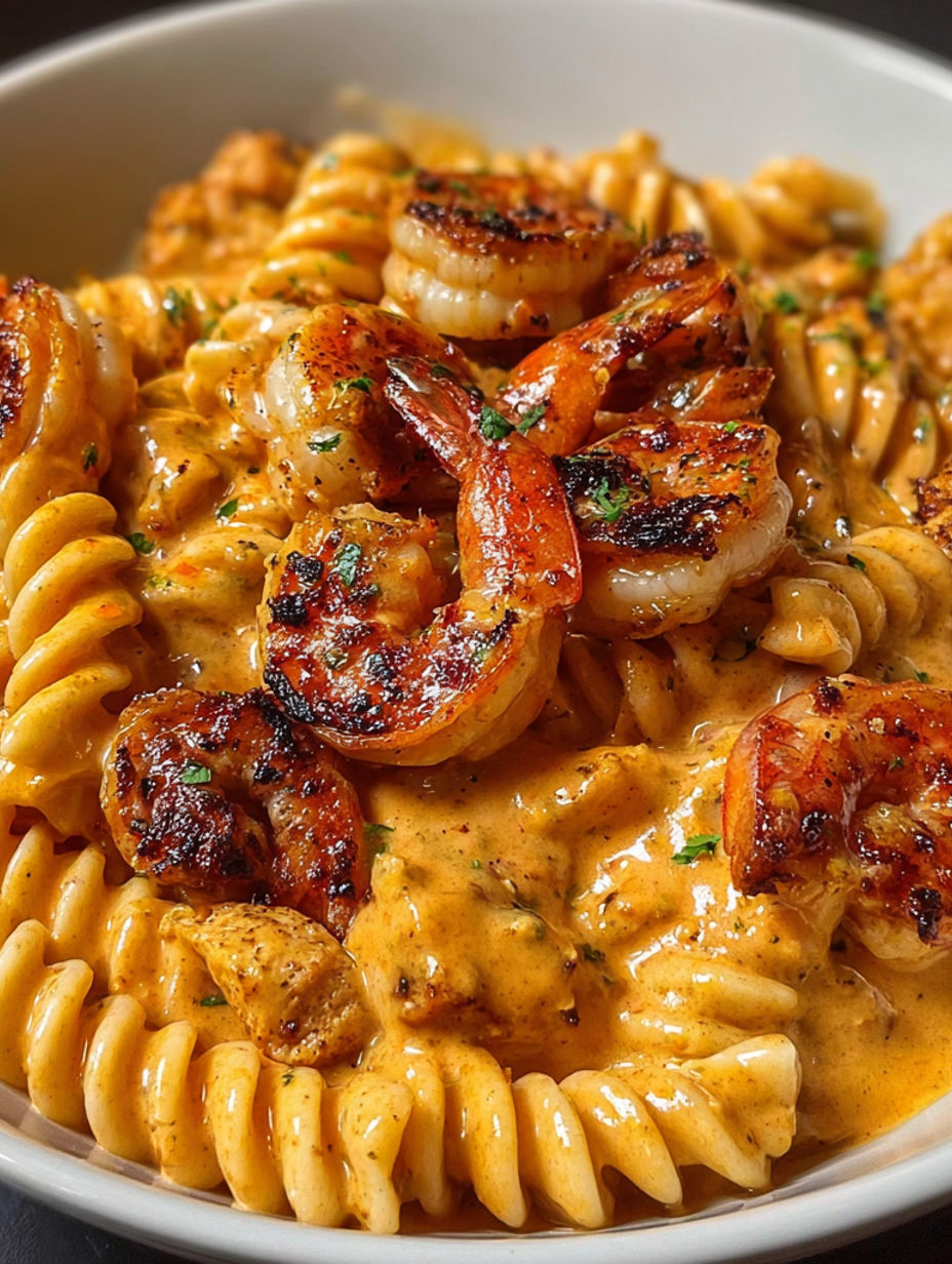 A plate of pasta with shrimp and herbs.