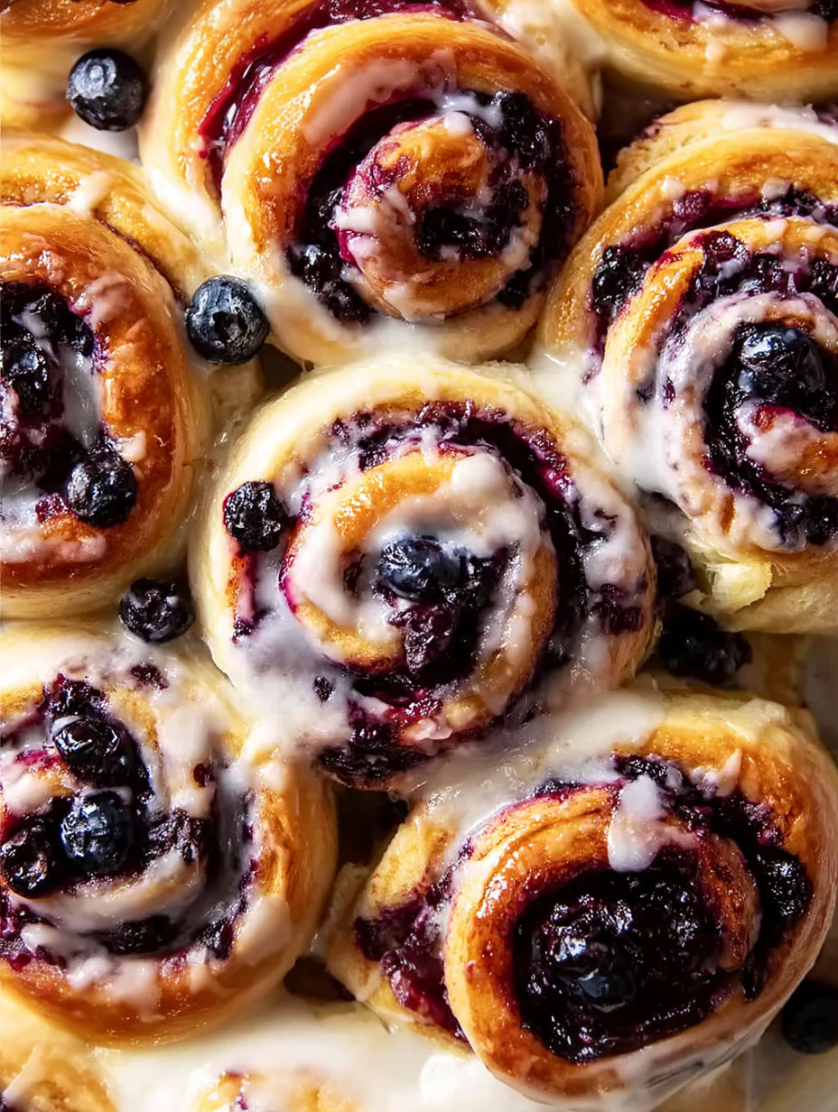 A close up of a blueberry swirl pastry.