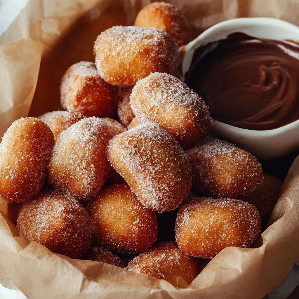 Air fryer churro bites with powdered sugar.