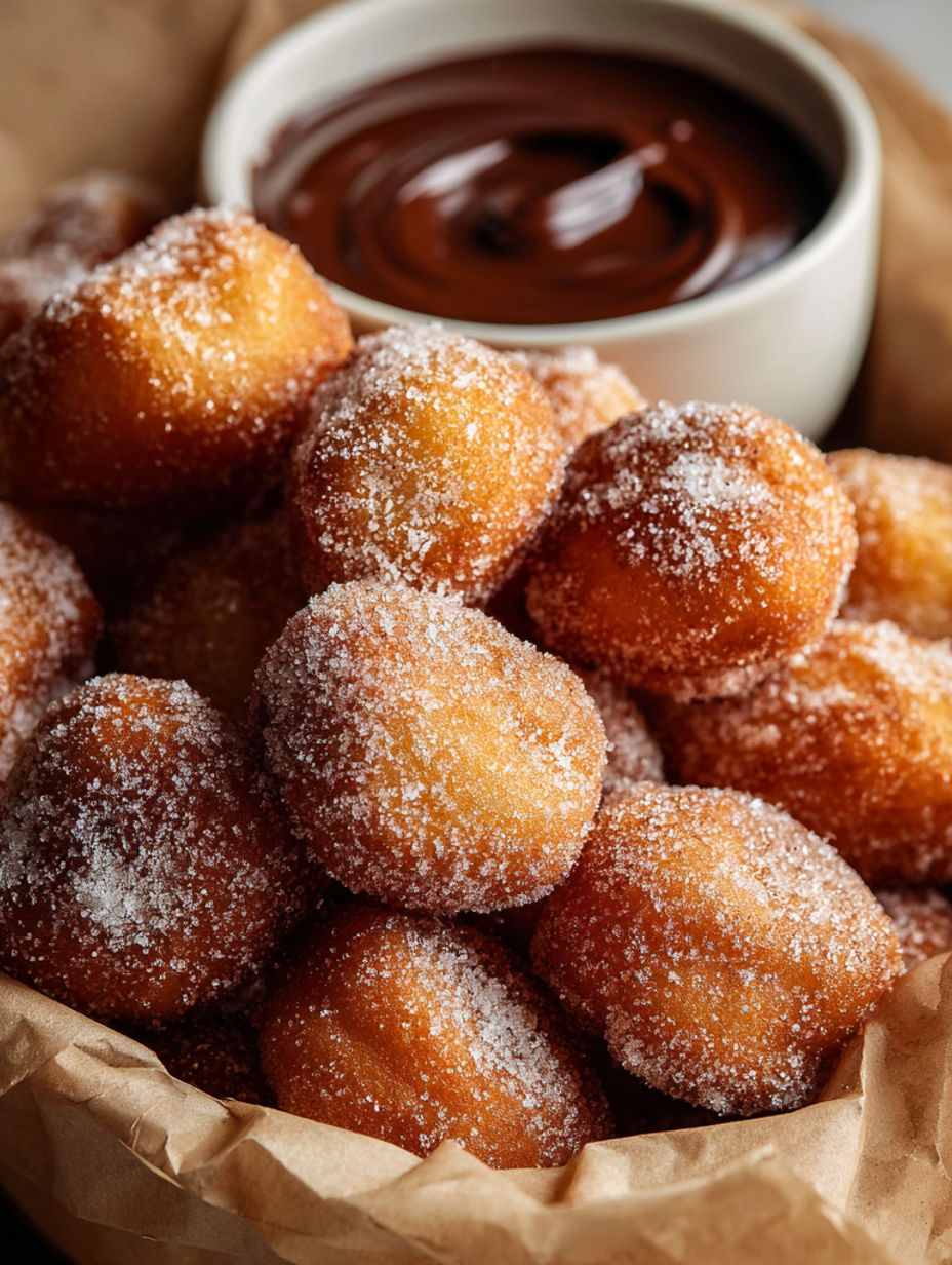 Air fryer churro bites with powdered sugar.