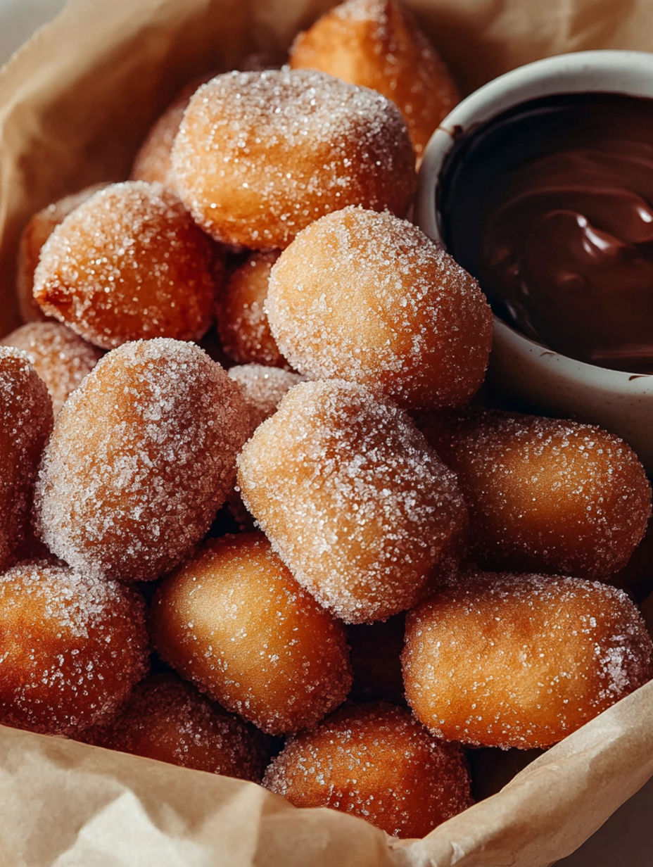 Air fryer churro bites with powdered sugar.