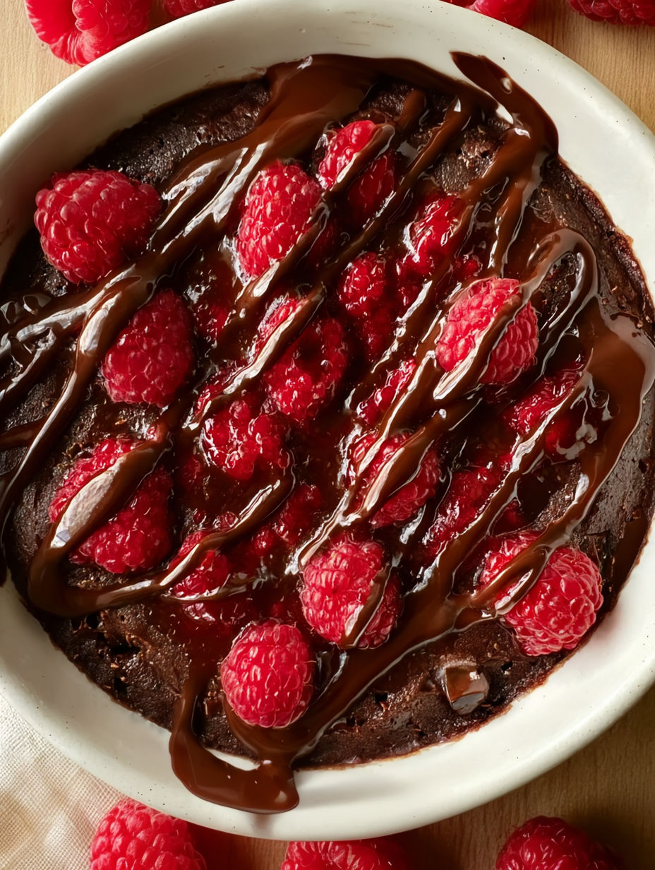 A bowl of chocolate cake with raspberries on top.