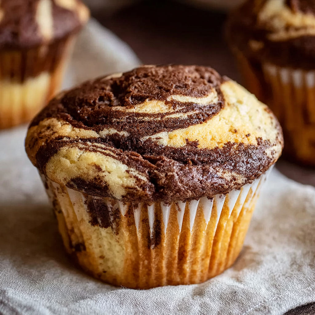 A cupcake with chocolate frosting and a swirl design.