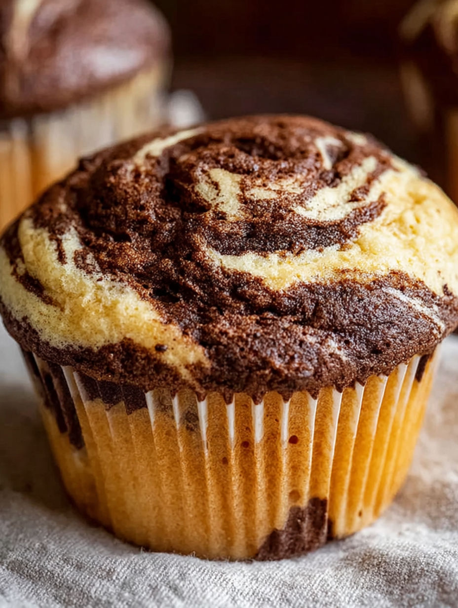 A cupcake with chocolate frosting and a swirl pattern.