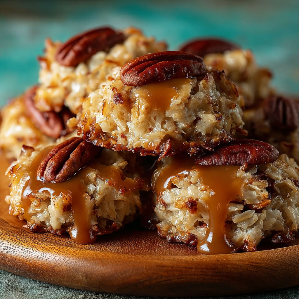 A plate of pecan cookies with caramel drizzle.