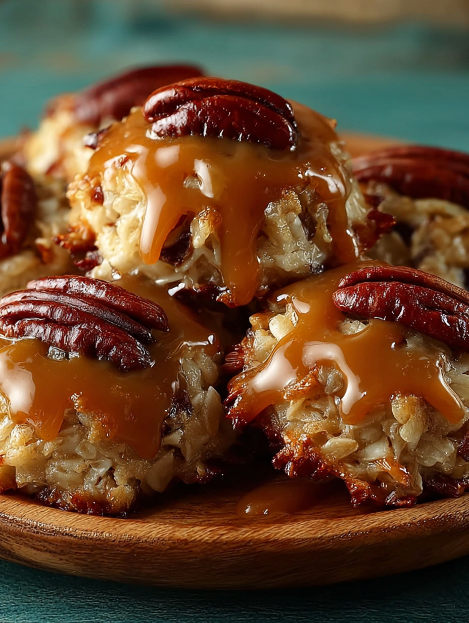 A plate of pecan praline cookies with caramel drizzle.