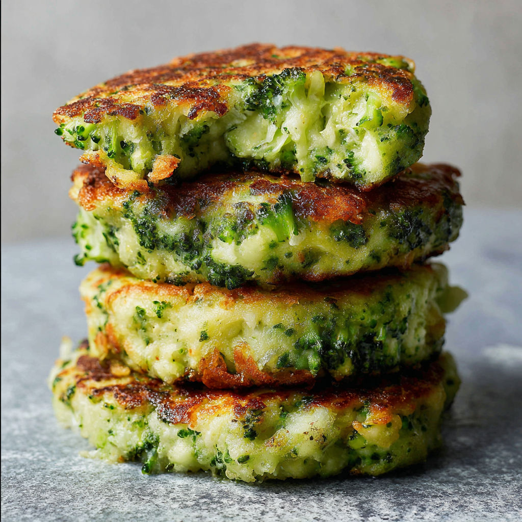 Three stacked broccoli cakes.