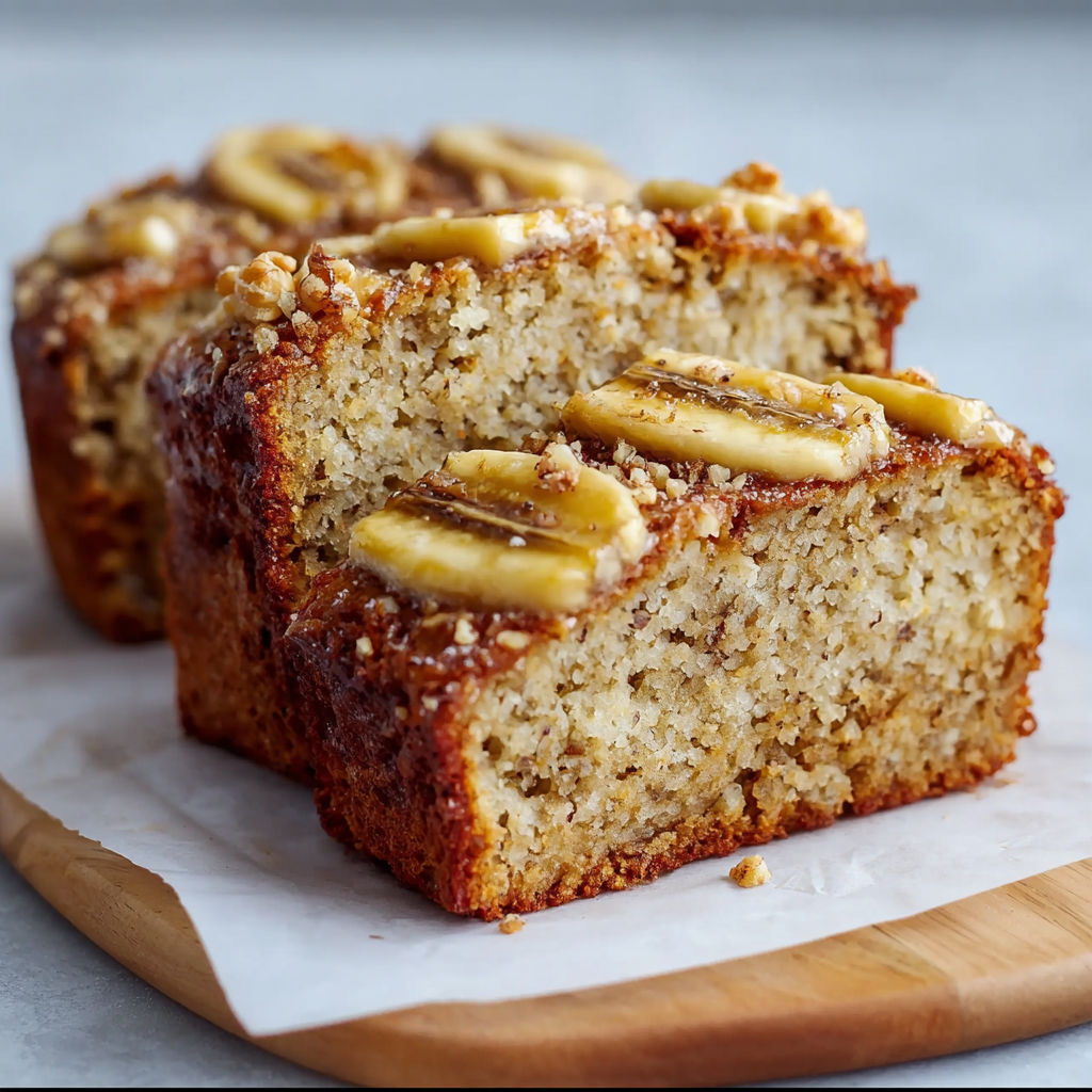 A slice of banana bread with nuts and oats.