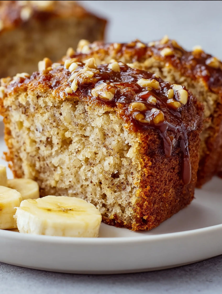 A slice of banana nut bread with a banana on the side.