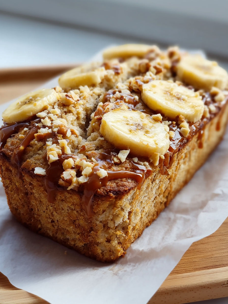 A slice of banana bread with nuts on top.