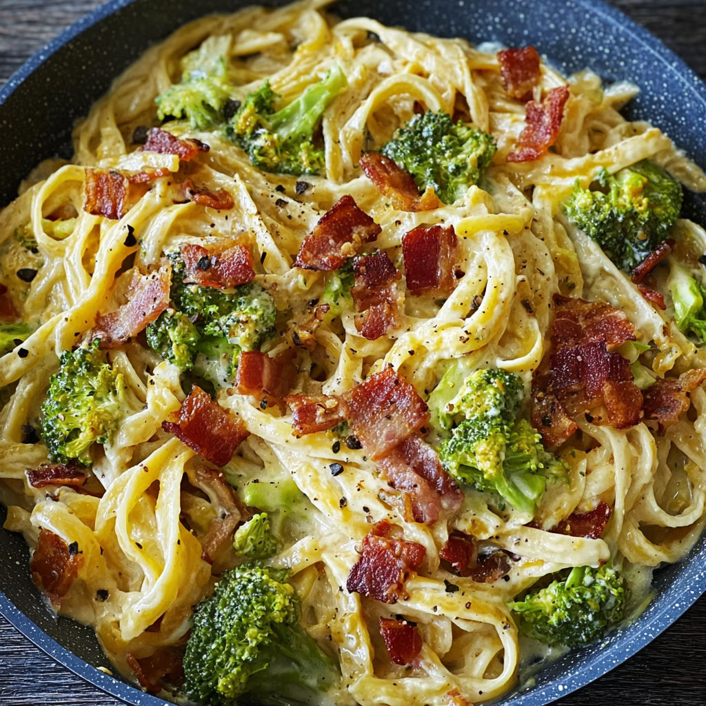A bowl of pasta with broccoli and bacon.