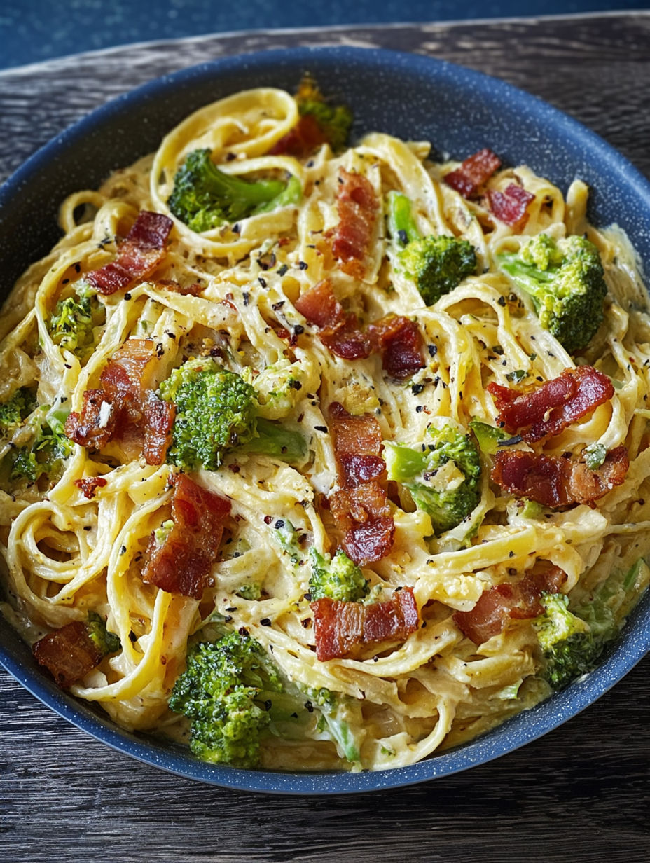 A bowl of pasta with broccoli and bacon.