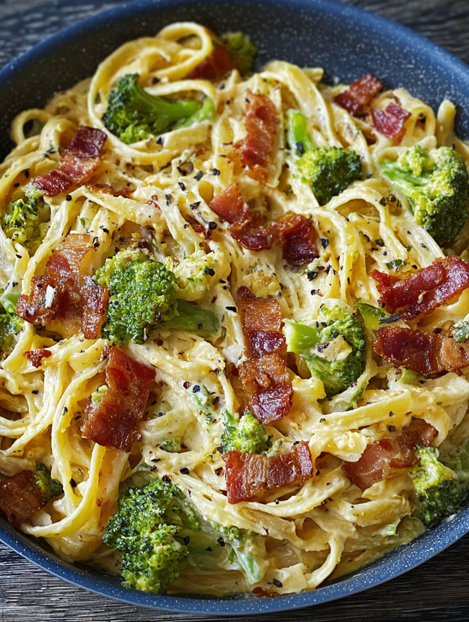 A bowl of pasta with broccoli and bacon.