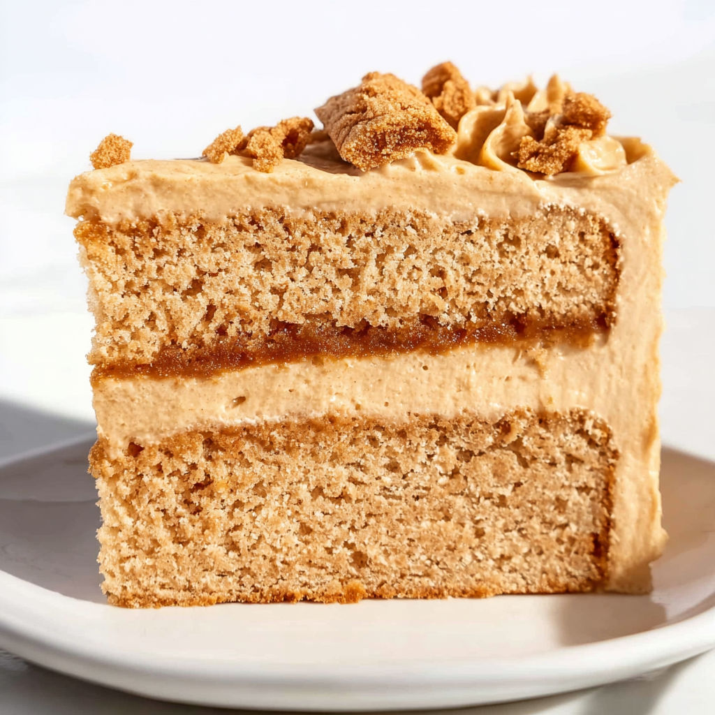 A slice of Biscoff cake on a plate.