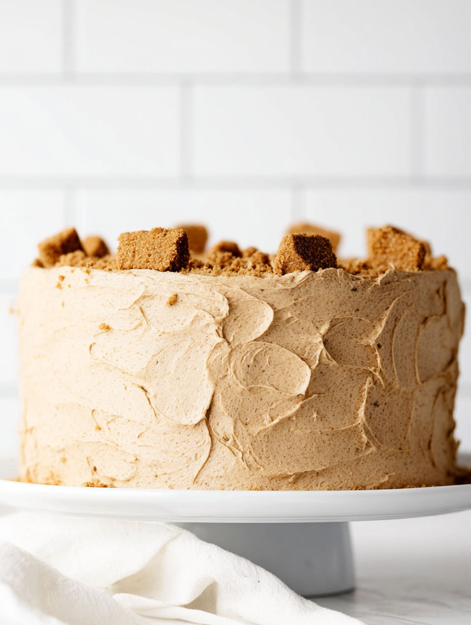 A slice of Biscoff cake on a plate.