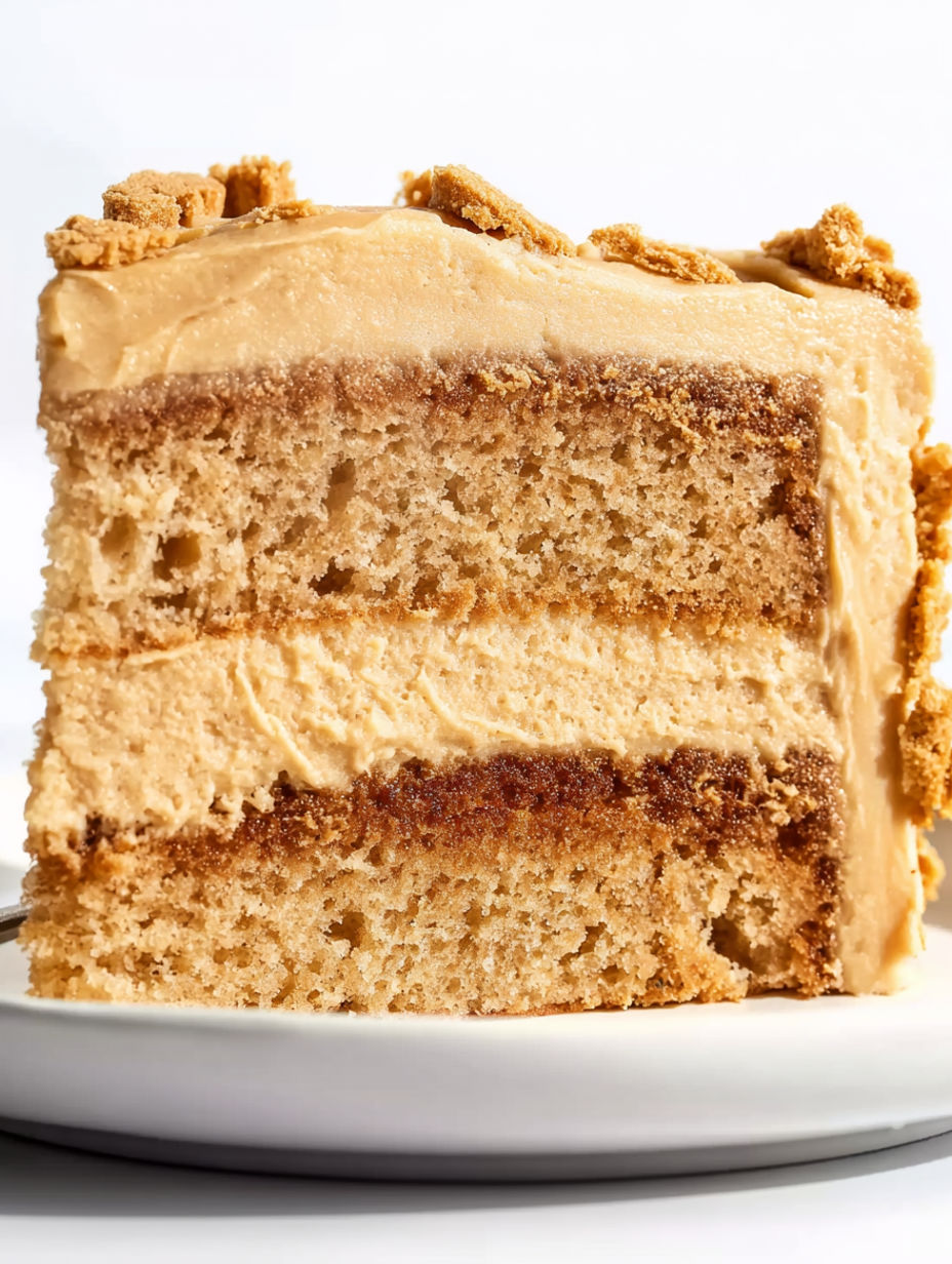 A slice of Biscoff cake on a plate.