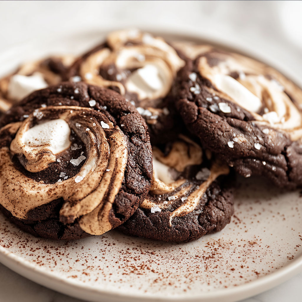 A plate of chocolate marshmallow swirl cookies.