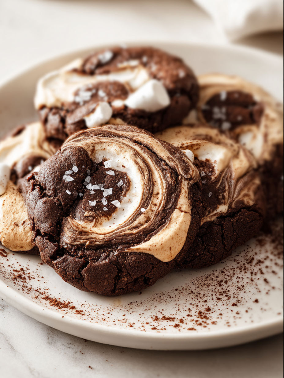 A plate of chocolate marshmallow swirl cookies.