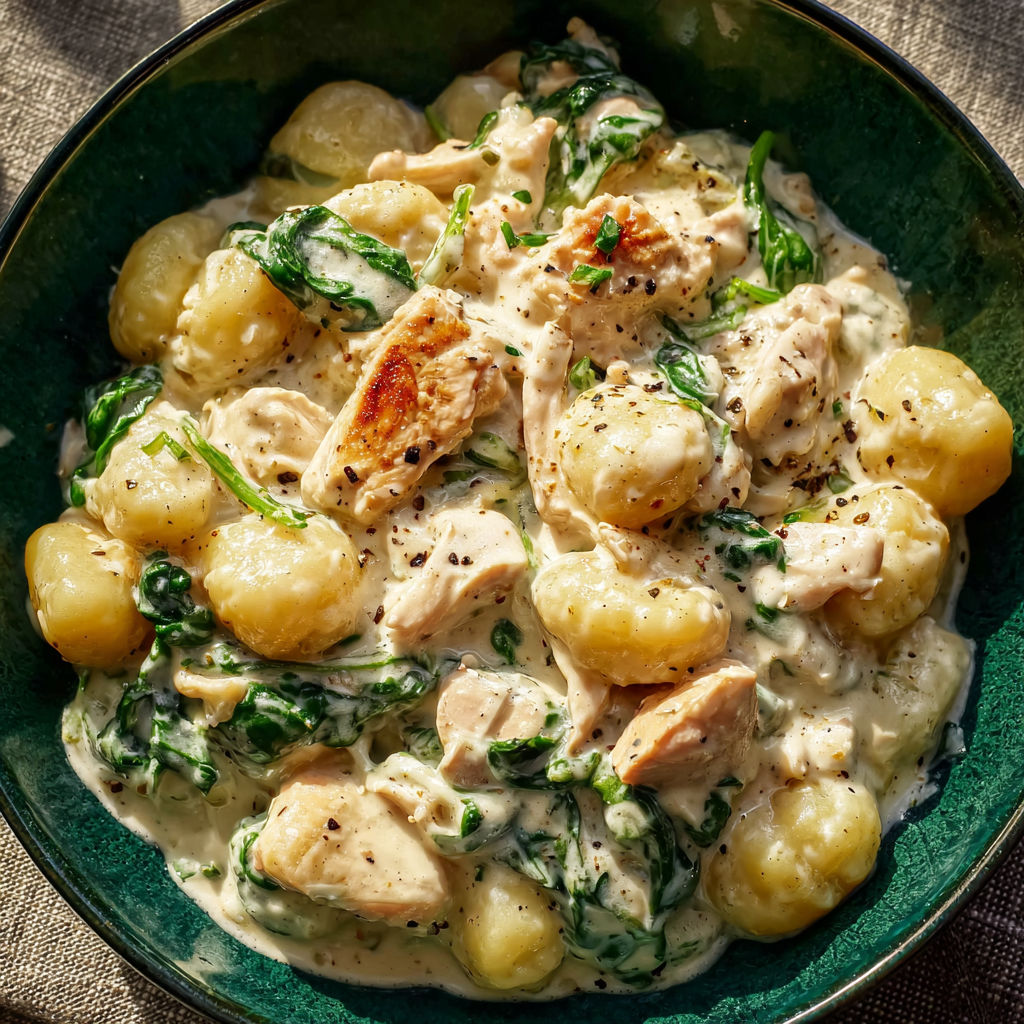 A bowl of creamy chicken gnocchi.