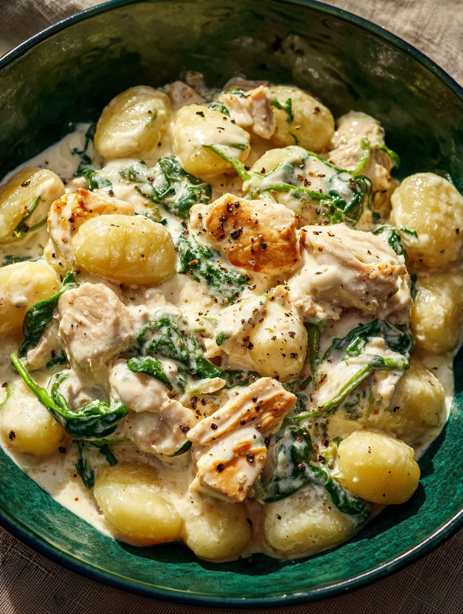 A bowl of creamy chicken gnocchi.