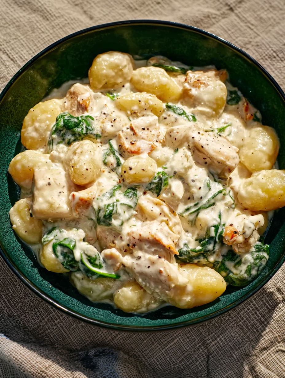 A bowl of creamy chicken gnocchi.