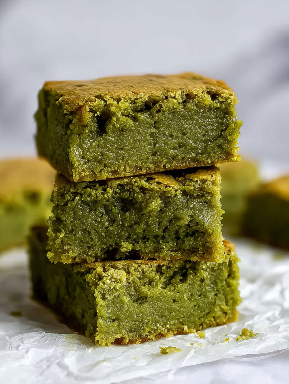 Three pieces of green matcha brownies.
