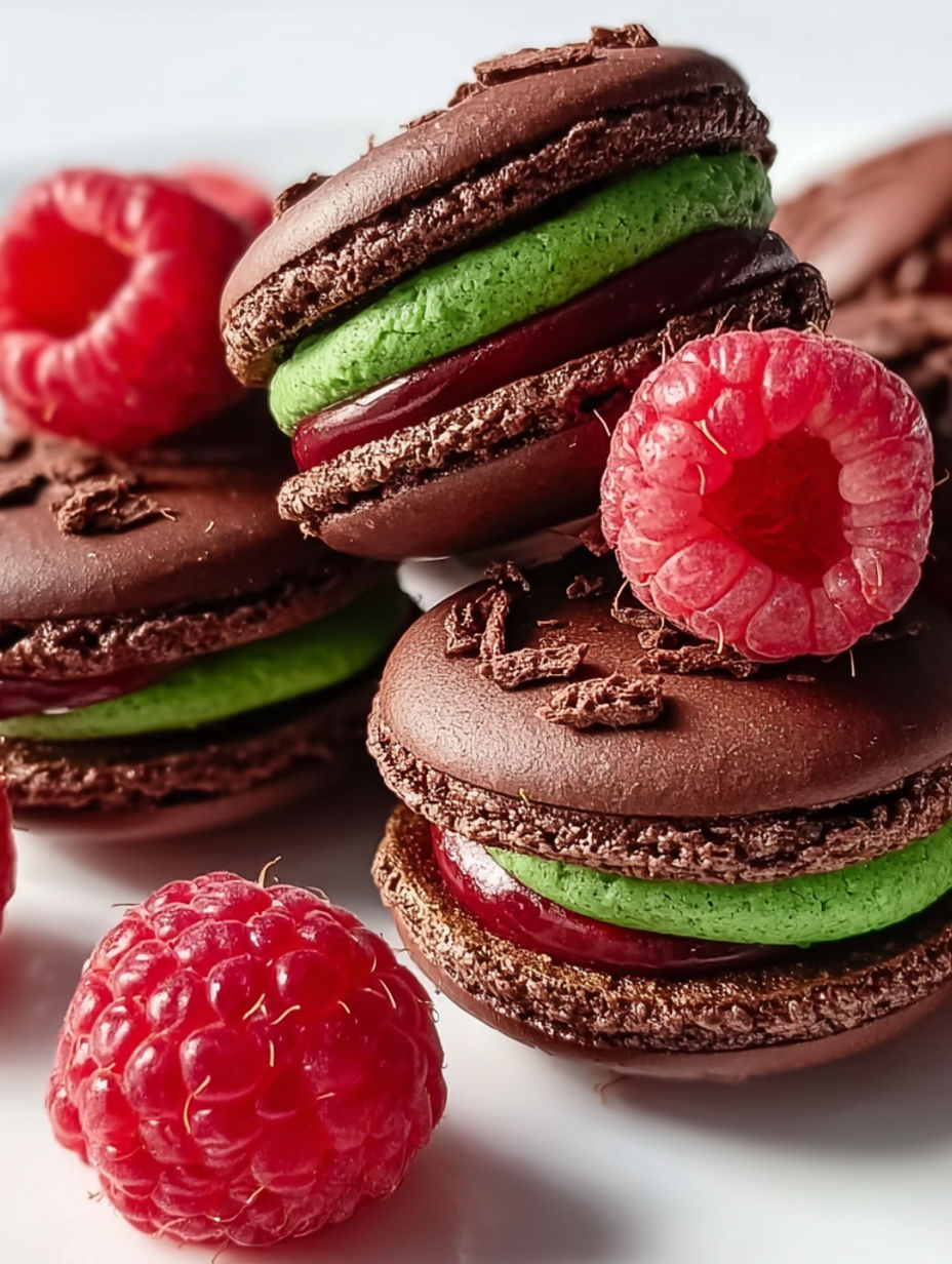 A stack of dark chocolate raspberry macarons.