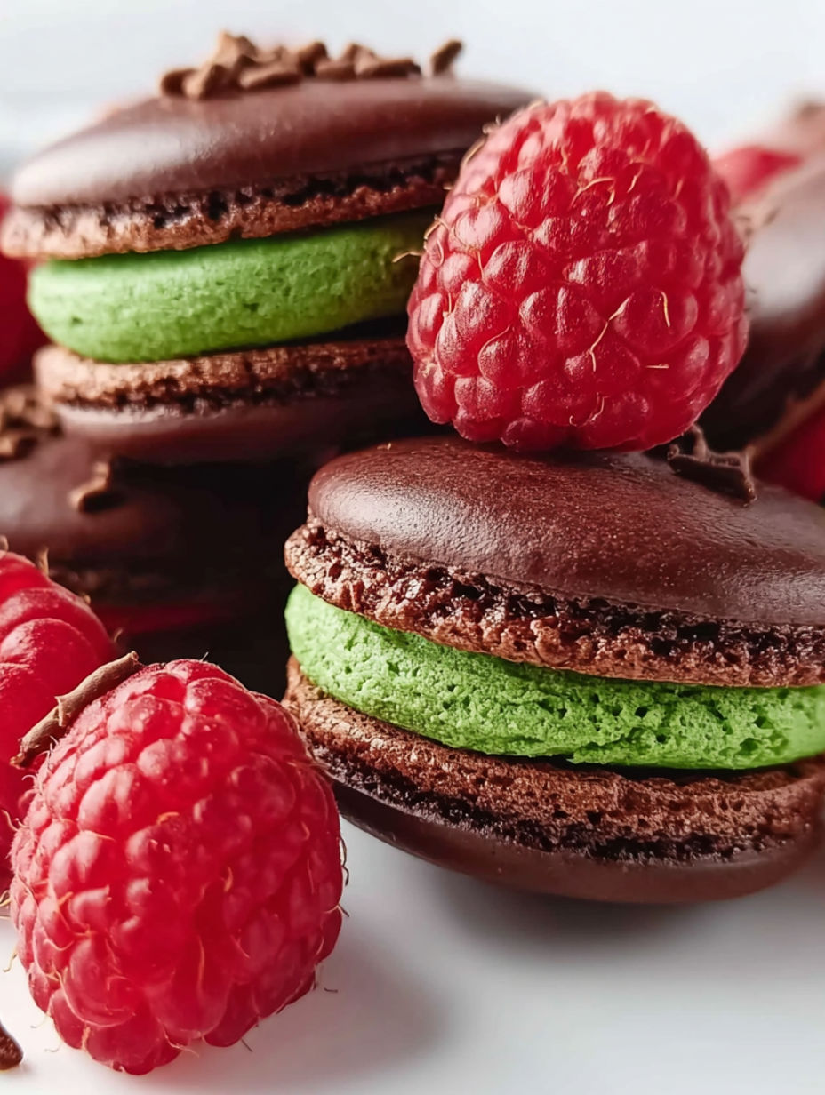 A close up of a chocolate and raspberry macaron.