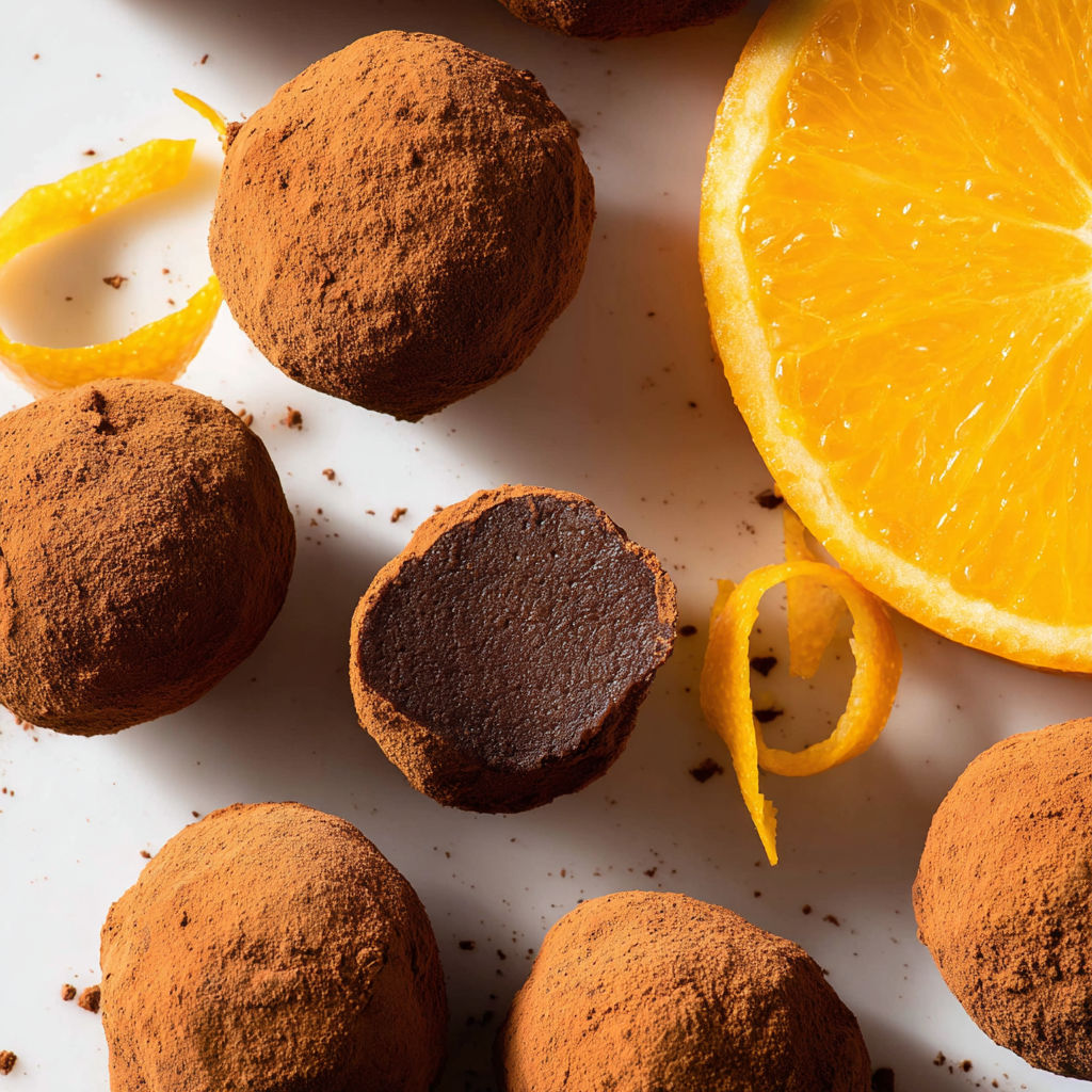 Chocolate truffles with orange slices.