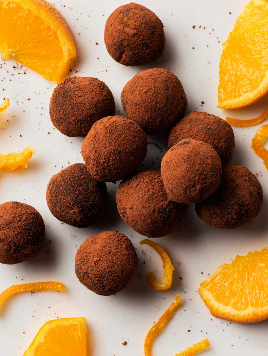 Chocolate truffles with orange slices.