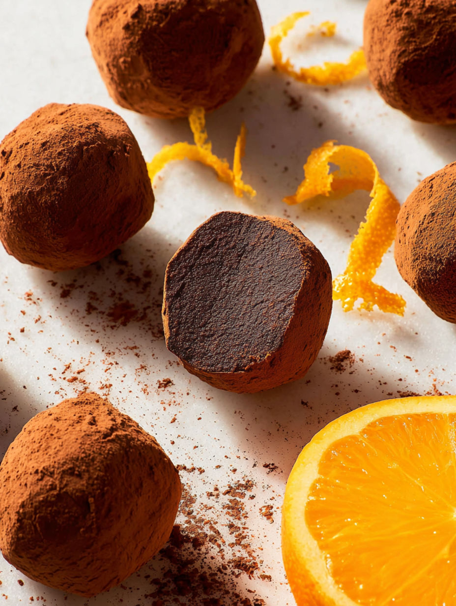 Chocolate truffles with orange slices.
