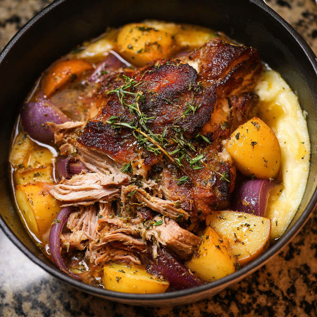 A bowl of food with a piece of meat and potatoes.