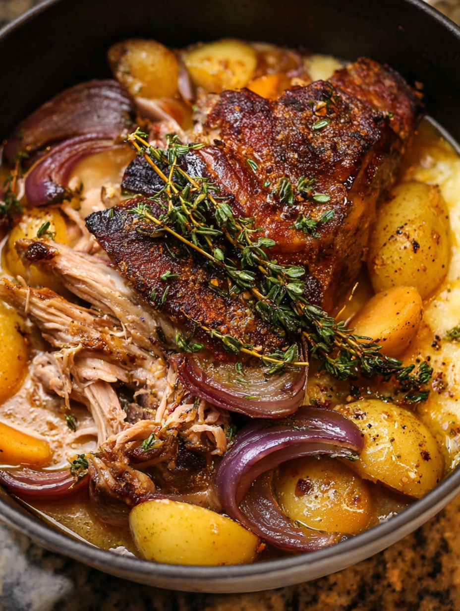 A dish of meat and vegetables, including potatoes and onions.