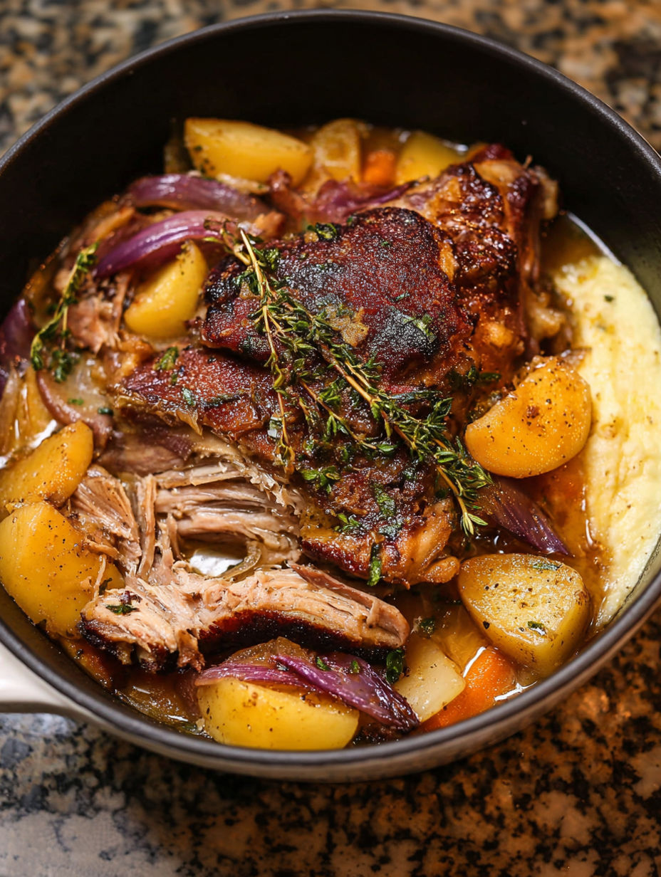 A bowl of food with a piece of meat and vegetables.