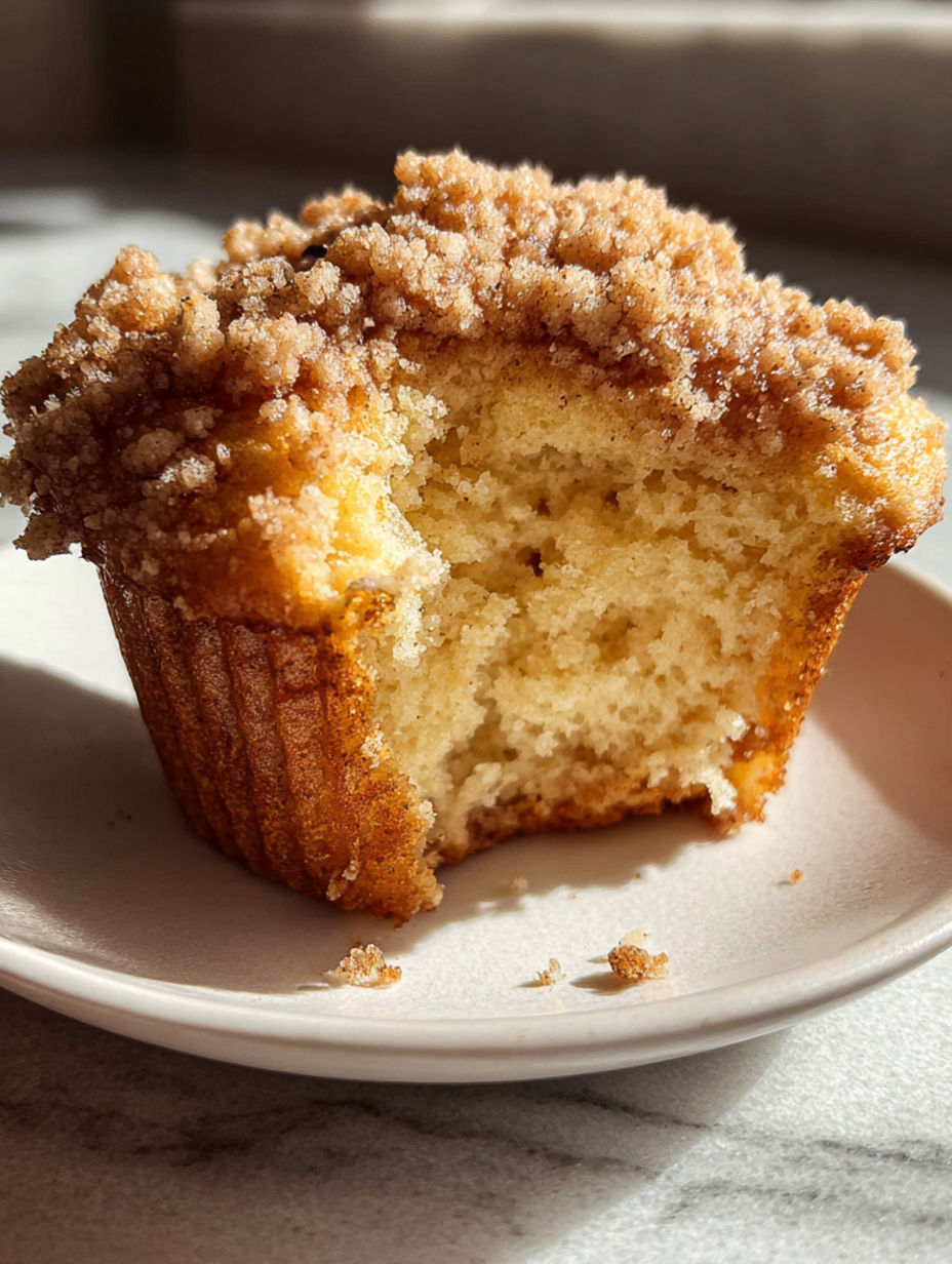A slice of apple cinnamon streusel muffin.