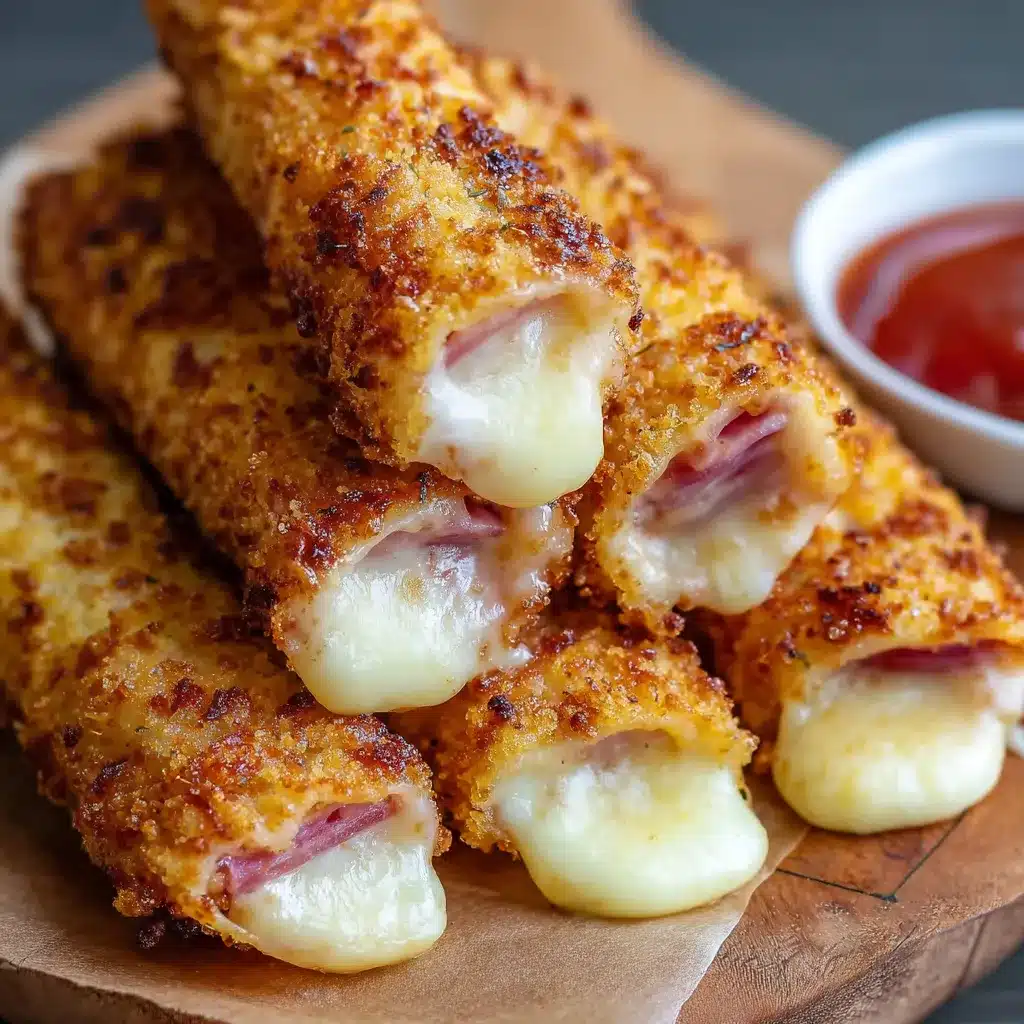 A plate of crispy baked ham cheese mozzarella sticks.
