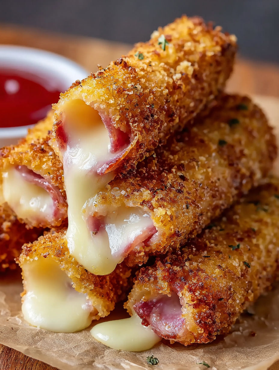 Crispy baked ham cheese mozzarella sticks.