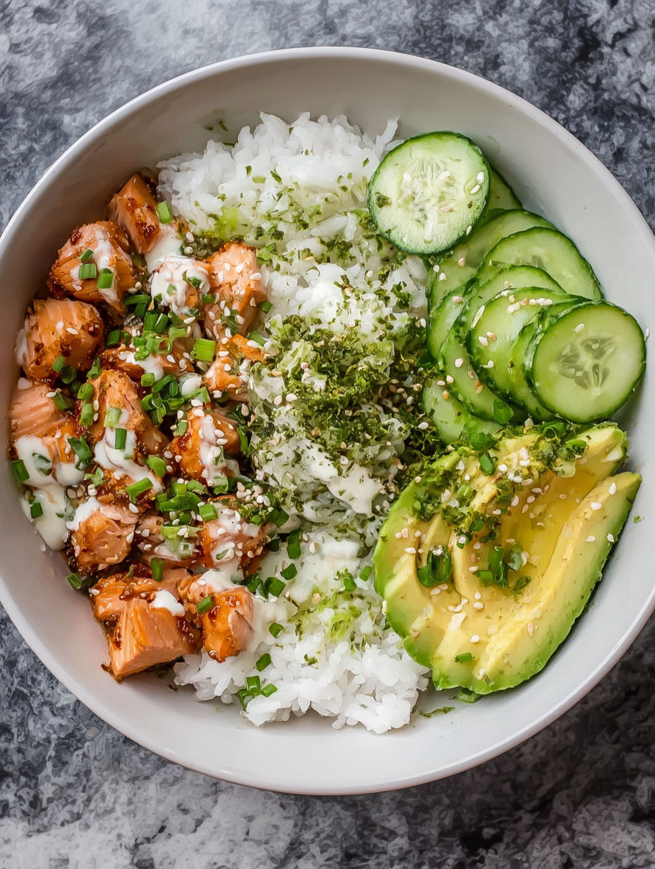 A bowl of food with chicken, rice, cucumbers, and avocado.