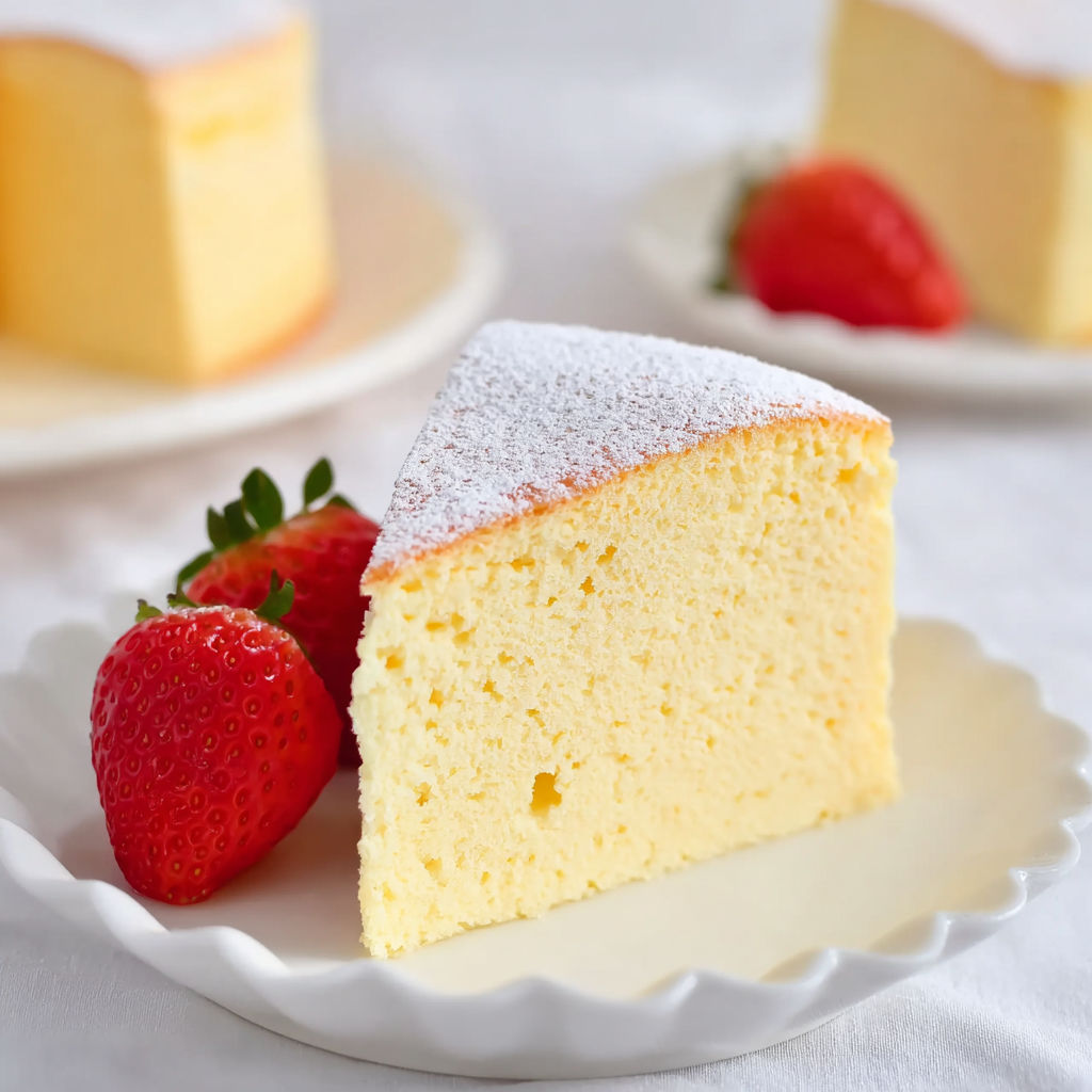 A slice of Japanese cotton cheesecake with strawberries on top.
