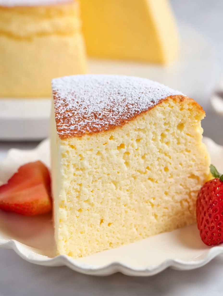 A slice of Japanese cotton cheesecake with powdered sugar on top.