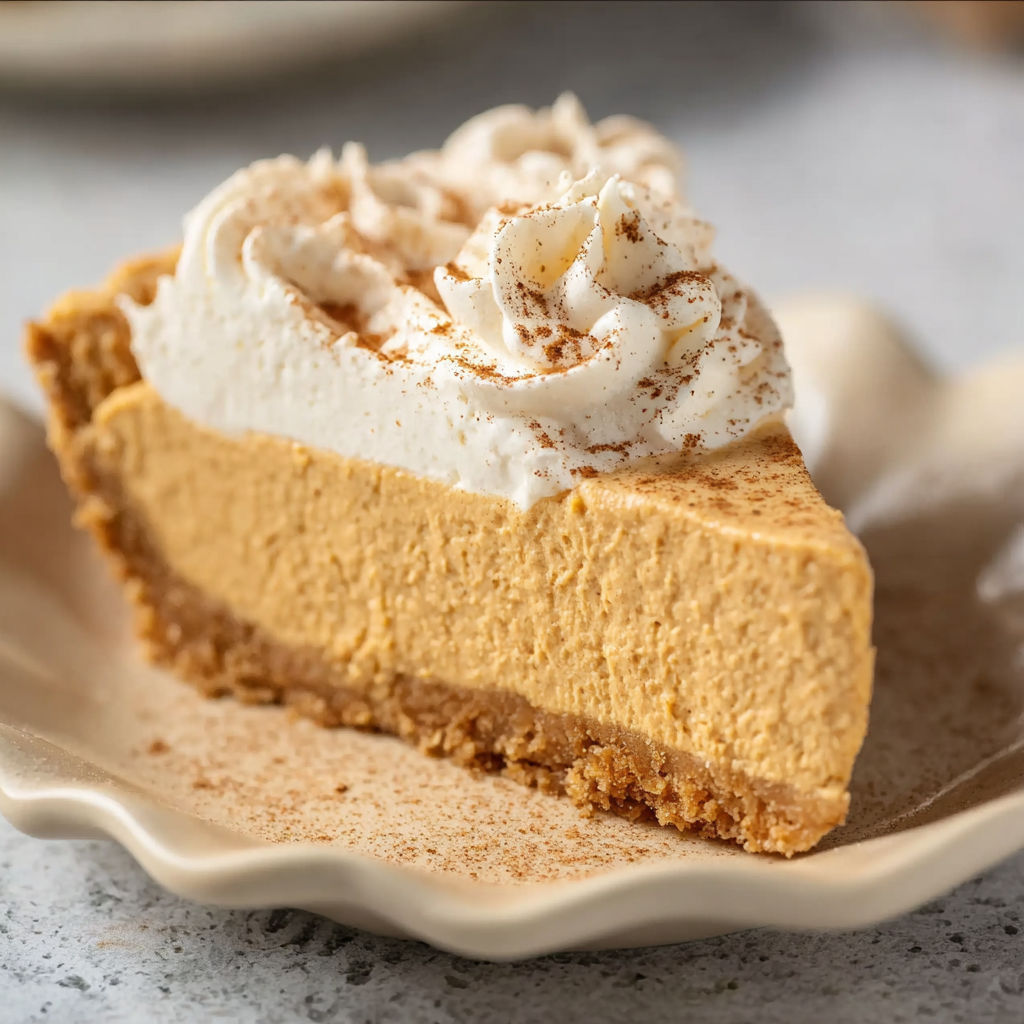 A slice of pumpkin pie with whipped cream on top.