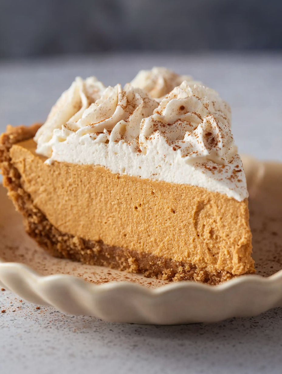 A slice of pumpkin pie with whipped cream on top.